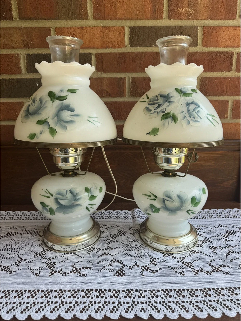 Pair of Vintage Electric Glass Hurricane Table Lamps with Floral Design